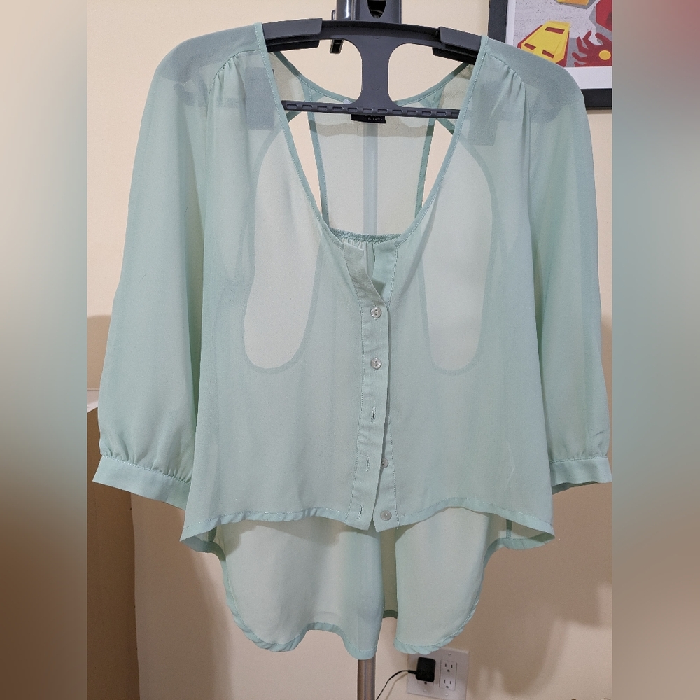 Urban Outfitters Sparkle and Fade Green High Low Cutout Button Down XS